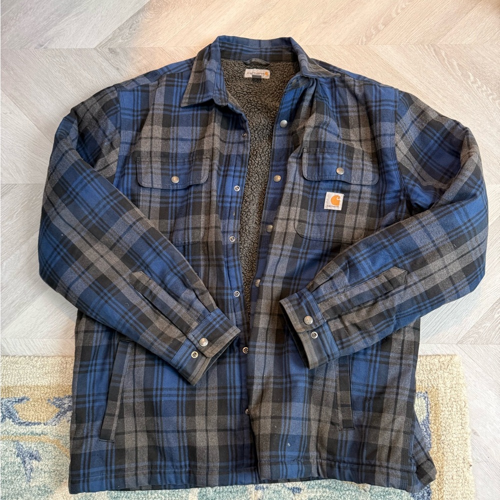 Carhartt Blue & Gray Plaid Sherpa-Lined Shirt Jacket